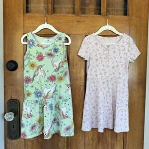Pair of Summer Dresses Pink Green Unicorn‎ Floral Twee Girls Size 6/7 Small
